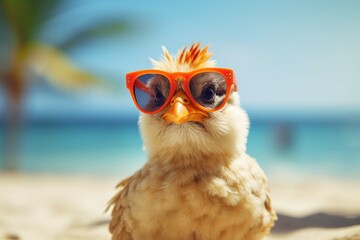 happy cute chicken resting on a beach on summer vacation