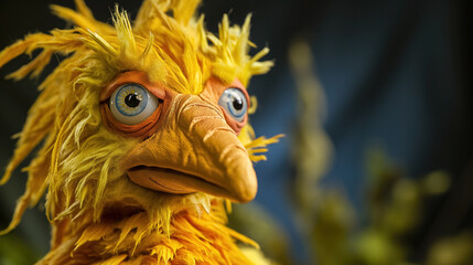 Whimsical yellow bird puppet with big eyes.