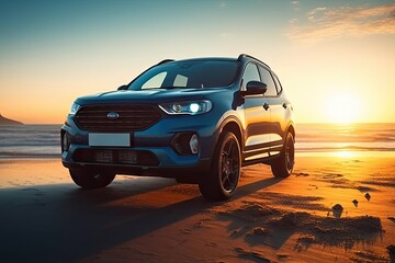  car SUV new luxury view Front background sunset beautiful sea road concrete design modern car SUV Compact - obrazy, fototapety, plakaty