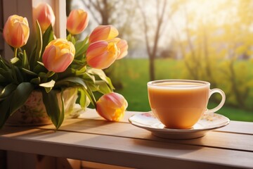 Fototapeta na wymiar cup of coffee and tulips