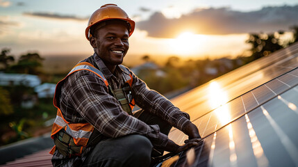 Portrait of a Happy Solar Engineer Embracing the Working Life, Atop a Rooftop, Harnessing the Power of the Sun for a Brighter Tomorrow