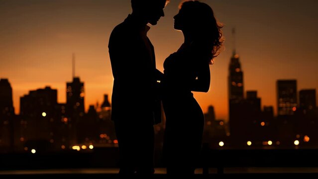 Against a city skyline, the shadows of a couple slow dancing, their silhouettes capturing the romantic essence of the night.