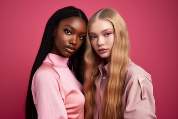 fashionable Two young multiracial women posing together isolated on pink background