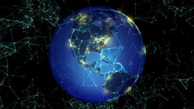World network connections loop. Northern hemisphere version. Point brightness represents city population size. Global communication, transportation, internet, social media, technology.
