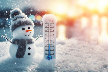 thermometer snow ice winter season snowman weather background - ai generated - obrazy, fototapety, plakaty