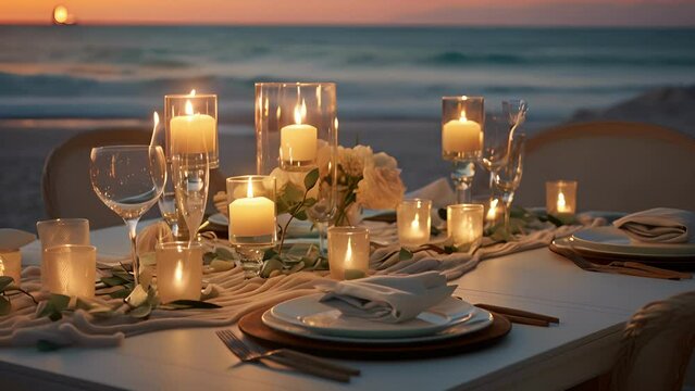 The peaceful sound of the ocean provides a serene backdrop for a candlelit dinner, where every detail, from the flickering flames to the delicate centerpieces, is designed to evoke romance.