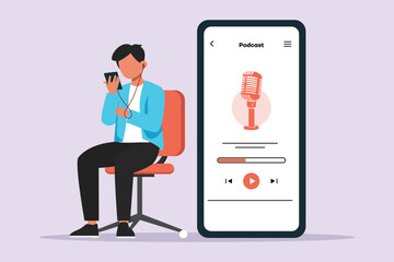 Recording audio podcast or online show concept. Colored flat vector illustration isolated.