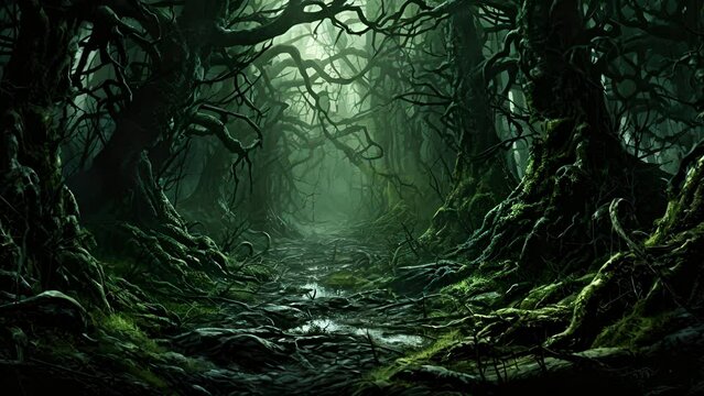 A bewitched forest filled with gnarled trees and writhing vines a translucent spirit roaming ast the trees.