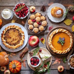 Autumn food concept. Selection of pies, appetizers and desserts. Top view table scene over a