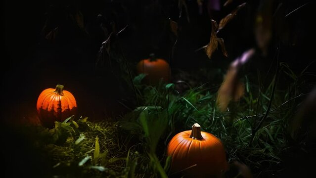 A pumpkin patch glowing in the night..