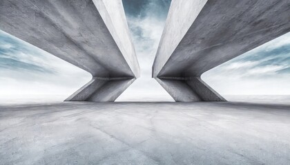 A cement futuristic minimalist building at the blue sky landscape.