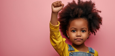 African American girl with fist raised against a pink background, symbolizing empowerment and Black History Month.