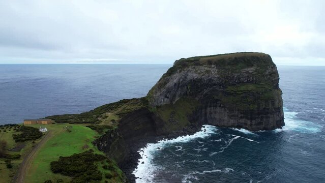 Breathtaking Azores Atlantic Ocean coastline in Morro de Castelo Branco. Aerial