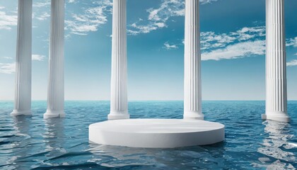 A product display podium on the sea with the white column pillars.