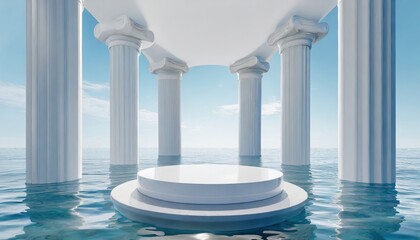 A product display podium on the sea with the white column pillars. - obrazy, fototapety, plakaty