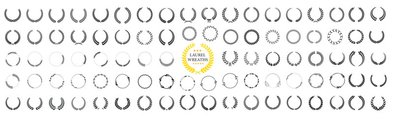 Set of wreaths and branches with leaves. Simple black laurel wreath vector icon set. Award, success, champion sign - obrazy, fototapety, plakaty