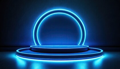 A blue color neon light of the podium at dark background for product display.