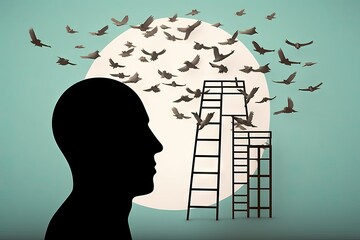 concept psychology sorder ideas brainstorming minded open success ladder flying birds brain window man Silhouette - obrazy, fototapety, plakaty