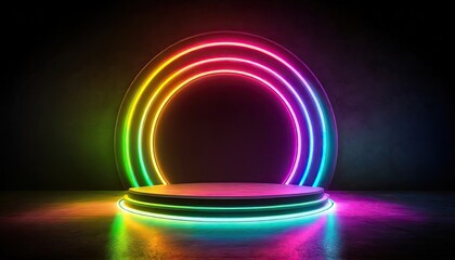 A rainbow color neon light of the podium at dark background for product display.