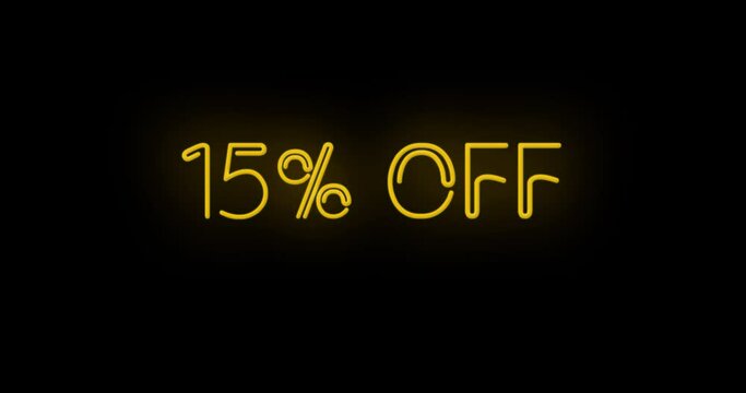 Flashing neon 15% OFF orange color sign on black background on and off with flicker