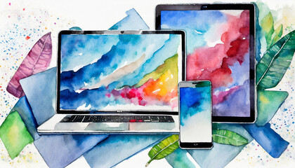 PC, Tablet PC, Smartphone, Close-up, Watercolor