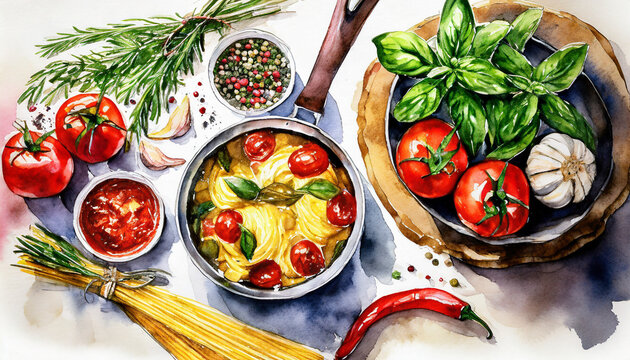 Tomato and basil pasta, tomato, garlic, basil, top view, close-up