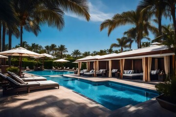 Spa cabana outside opulent hotel resort, adjacent to blue pool