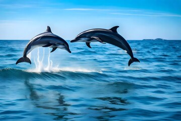Two dolphins jumping on the water - Beautiful seascape and blue sky