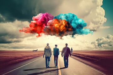  mind state thinking optimistic positive vision future above cloud creative colorful road walking People - obrazy, fototapety, plakaty