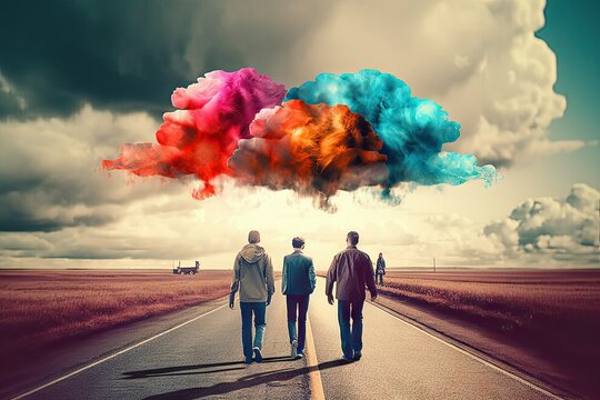  mind state thinking optimistic positive vision future above cloud creative colorful road walking People