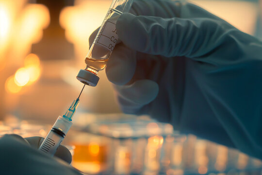 a hand in a medical glove draws liquid from an ampoule from a syringe with a needle