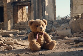 Countryside. A toy (teddy bear) against the backdrop of a house destroyed by shelling. Terror of the civilian population. War crimes