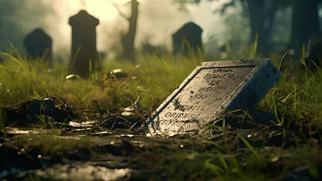 A broken gravestone lies amidst a patch of dead grass in an abandoned graveyard its words almost too worn to read.
