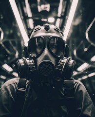Man in a black protective suit gas mask, protects from harmful gas pollution, apocalypse background - obrazy, fototapety, plakaty