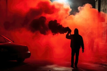 Fototapeta premium Men holding red flare smoke or smoke bombs during demonstrations