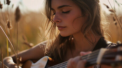 In a field of tall grass, a woman plays the guitar with a beautifully backlit face, highlighting her sunbathed skin. - obrazy, fototapety, plakaty