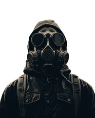 Man in a black protective suit gas mask, protects from harmful gas pollution, isolated transparent background