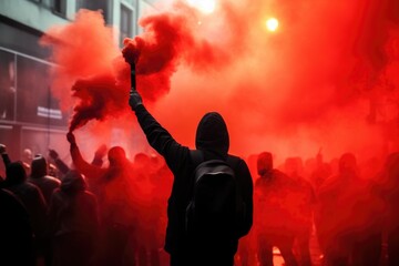 Men holding red flare smoke or smoke bombs during demonstrations - Powered by Adobe