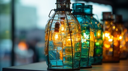 Unique upcycled object a lamp made from old bottles, promoting creativity and sustainability - obrazy, fototapety, plakaty