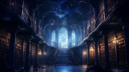 Fantasy forgotten library bathed in ethereal moonlight, bookshelves stretching into infinity, whispered secrets echoing through the dusty halls - obrazy, fototapety, plakaty