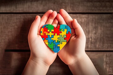 psychology awareness asperges heart shape puzzel hold hands background standing day autism International - obrazy, fototapety, plakaty