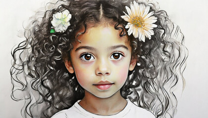 Mała dziewczynka z kwiatem we włosach , ilustracja, malowany obraz, dekoracja ścienna, generative ai - obrazy, fototapety, plakaty