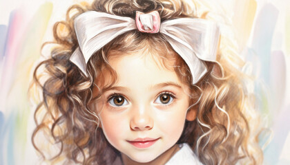 Mała dziewczynka z kokardą na włosach, ilustracja, malowany obraz, dekoracja ścienna, generative ai - obrazy, fototapety, plakaty