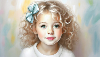 Mała dziewczynka z kokardą na włosach, ilustracja, malowany obraz, dekoracja ścienna, generative ai - obrazy, fototapety, plakaty