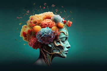 mind creative thinking positive concept care health mental esteem self flowers brain Human - obrazy, fototapety, plakaty