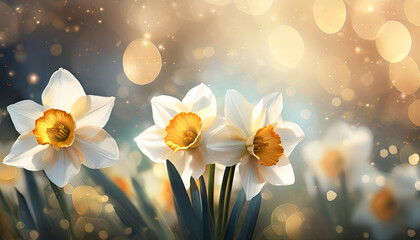 Piękne wiosenne kwiaty, żonkile, dekoracja, kartka na życzenia, generative ai - obrazy, fototapety, plakaty