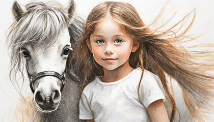 Mała dziewczynka z koniem, ilustracja, malowany obraz, dekoracja ścienna, generative ai - obrazy, fototapety, plakaty