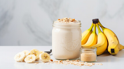 Vegan banana and oatmeal smoothie in glass jar on the light background. Healthy food. AI Generative