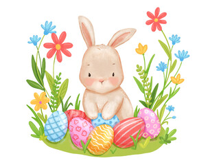 Cute and funny Easter Bunny or Easter Rabbit peeking behind pile of painted decorated or ornate Easter Eggs among flower field isolated