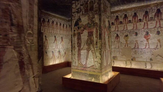 Luxor, Egypt - November 25 2023: Point of view of a tourist who walks through the upper pillared hall inside the famous Seti the first tomb in the valley of Kings in Luxor in Egypt. 